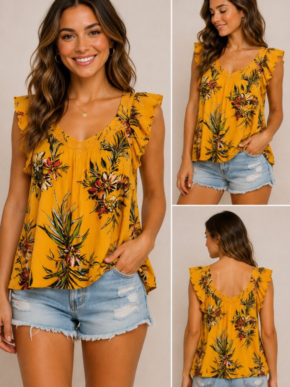 Jessica Simpson Yellow Floral Ruffle Sleeve Blouse Top XS